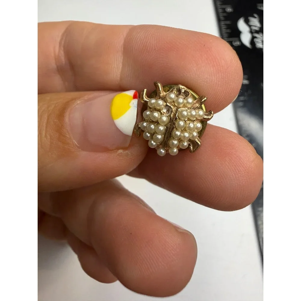 Vintage Gold Tone Faux Seed Pearl Ladybug Lapel Pin Whimsical Insect Brooch